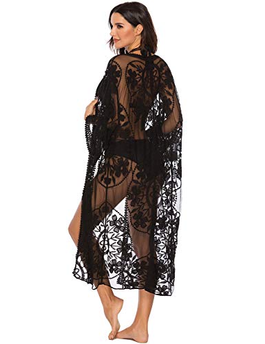 iWoo - Cárdigan kimono sexi para mujer, largo, para proteger del sol en la playa, de encaje floral estilo crochet para cubrirse en la playa. Negro B-negro Talla única