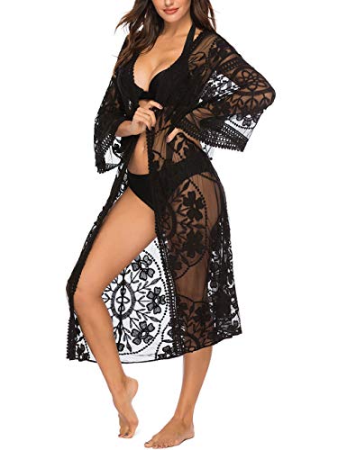 iWoo - Cárdigan kimono sexi para mujer, largo, para proteger del sol en la playa, de encaje floral estilo crochet para cubrirse en la playa. Negro B-negro Talla única