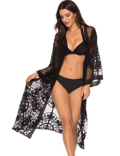 iWoo - Cárdigan kimono sexi para mujer, largo, para proteger del sol en la playa, de encaje floral estilo crochet para cubrirse en la playa. Negro B-negro Talla única