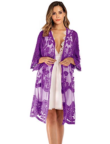 iWoo Kimono sexy para mujer, de encaje, con flores, crochet, parte delantera, chaqueta de punto, para verano, playa, vestido largo A-lila Tallaúnica