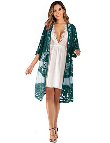 iWoo Kimono sexy para mujer, de encaje, con flores, crochet, parte delantera, chaqueta de punto, para verano, playa, vestido largo A-verde oscuro. Tallaúnica