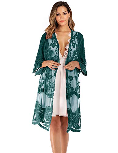 iWoo Kimono sexy para mujer, de encaje, con flores, crochet, parte delantera, chaqueta de punto, para verano, playa, vestido largo A-verde oscuro. Tallaúnica