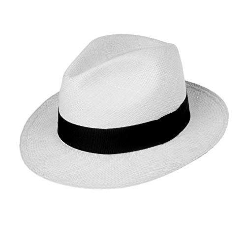 Jack Carrera Puerto Cayo Panama Sombrero para mujer/hombre – Sombrero de fibra 100 % natural – Ancho de ala aprox. 6 cm – Hecho a mano en Ecuador – Calidad 3 Blanco M