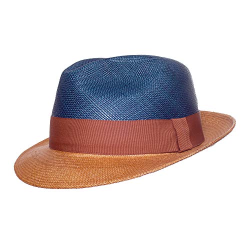 Jack Carrera Sombrero Panamá para hombre y mujer – Sombrero de 100% fibra de paja natural – Ancho de ala 5 cm – Hecho a mano en Ecuador – Calidad Brisa grado 2 – 3 Azul y marrón. L