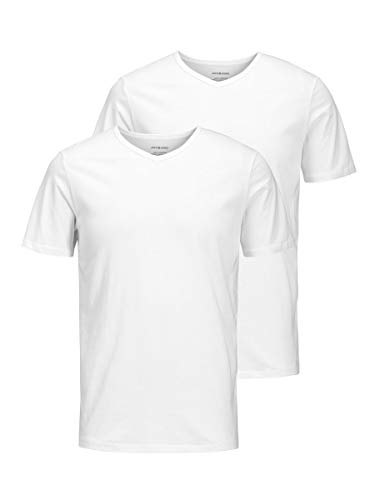 Jack & Jones Jacbasic V-Neck tee SS 2 Pack Camiseta, Blanco (White White), Large (Pack de 2) para Hombre