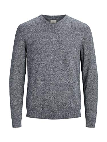 Jack & Jones Jjebasic Knit V-Neck Noos suéter, Gris (Navy Blazer Detail: Twisted with Jet Stream), Small para Hombre