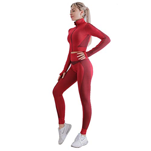 Jamron Mujer Conjunto de Ropa de Yoga Chaqueta+Sujetador+Polainas 3 Piezas Chandal Gimnasio Fitness Ropa Deportiva Borgoña S