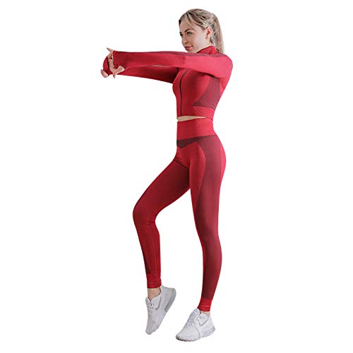 Jamron Mujer Conjunto de Ropa de Yoga Chaqueta+Sujetador+Polainas 3 Piezas Chandal Gimnasio Fitness Ropa Deportiva Borgoña S