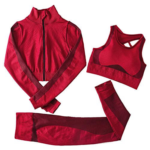 Jamron Mujer Conjunto de Ropa de Yoga Chaqueta+Sujetador+Polainas 3 Piezas Chandal Gimnasio Fitness Ropa Deportiva Borgoña S