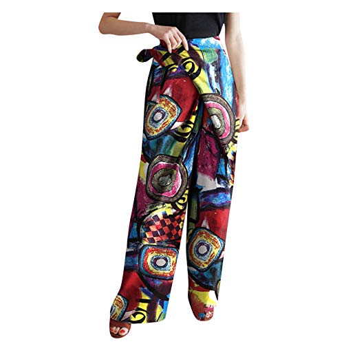 Janly Clearance Sale Pantalones de salón para mujer, de lino y algodón, de cintura alta, estampado holgado, pantalones de pierna ancha, descuentos para el día de San Patricio (rojo-XL)