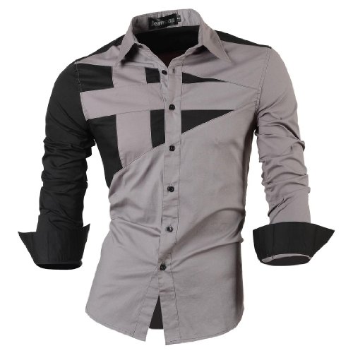 jeansian De Manga Larga De Los Hombres De Moda Slim Fit Camisas Men Fashion Shirts 8397 Gray XL