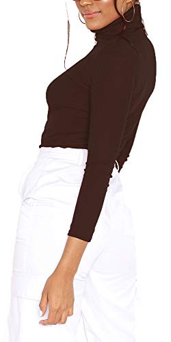 Jersey Acanalado para Mujer - Cuello de Cisne y Manga Larga - Algodón - Marrón Chocolate Oscuro - M/L - UK 12-14/EU 40-42