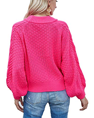 Jersey Cable Knit de Manga Largacon Cuello Redondo para Mujer Jersey de Ochos Color Sólido Suéter Pull-Over Suelto de Punto Primavera Otoño e Invierno Rosa Fluorescente L