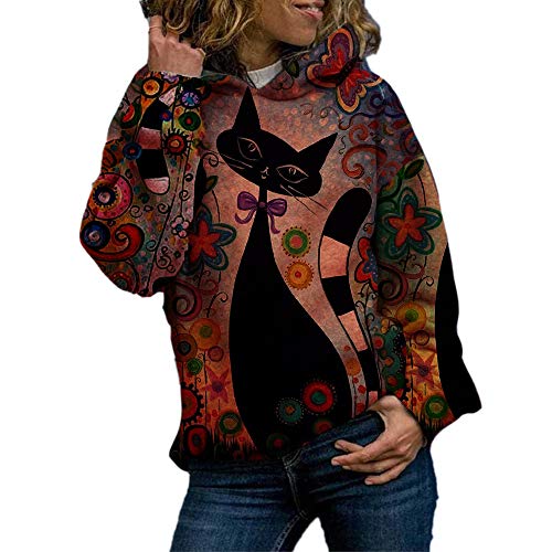 Jersey con Capucha de Manga Larga con Estampado de Gato de Dibujos Animados suéter de Mujer Suelta de Longitud Media