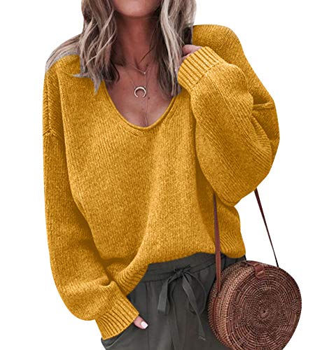 Jerseys de Punto Mujer Jersey Cuello V Sueter Grueso De Señora Oversize Jerséis Manga Larga Jerseis Chica Sweaters De Mujer Suéter Pullover Tejido Anchos Amplio Largo Otoño Invierno Moda Amarillo XL