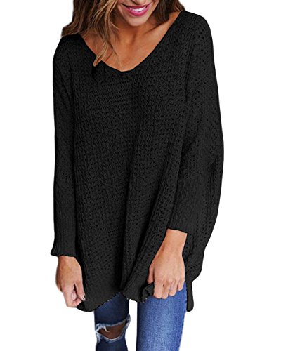 Jerseys de Punto Mujer Sueter Tejido Señora Suéter Mujeres Jersey Oversize Largo Sweaters Largos Sueteres Tejidos Dama Pullover Sweater para Damas Jerséis Ancho Tejer Sueter Cuello en V Negro XL