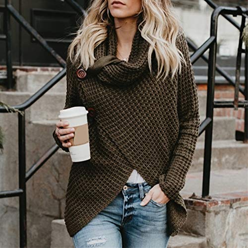 Jerseys De Punto para Mujer Cuello de Tortuga Manga Larga Suelto Prendas de Punto Suéter Irregular Jerséis Collar de la Pila Tops Cálido Otoño Invierno riou (Green, S)