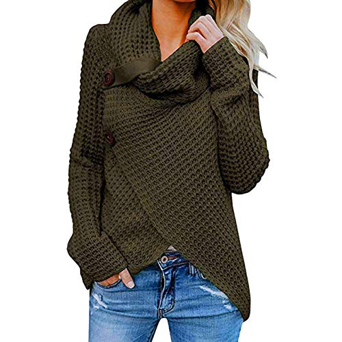 Jerseys De Punto para Mujer Cuello de Tortuga Manga Larga Suelto Prendas de Punto Suéter Irregular Jerséis Collar de la Pila Tops Cálido Otoño Invierno riou (Green, S)