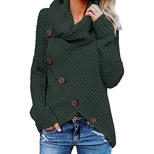 Jerseys De Punto para Mujer Cuello de Tortuga Manga Larga Suelto Prendas de Punto Suéter Irregular Jerséis Collar de la Pila Tops Cálido Otoño Invierno riou (z-Green, S)