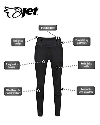 JET Pantalones Moto Motocicleta Mujer Legging Refuerzo de Aramida Kevlar Corte Delgado Ultra Estiramiento Protectores de cadera y rodilla LUNA (EU 44 - Largo, Negro)