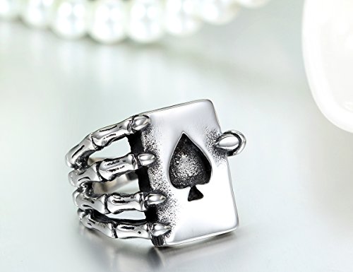 JewelryWe - Anillo de Acero Inoxidable para Hombre, naipe gótico con Forma de Calavera, naipe de póker, Plata Negra (con Bolsa de Regalo)