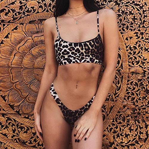 JewelryWe - Conjunto de bikini para mujer con estampado de leopardo, parte de arriba acolchada y con efecto push-up, parte de abajo de cintura alta, tallas S/M/L marrón S (eu36)