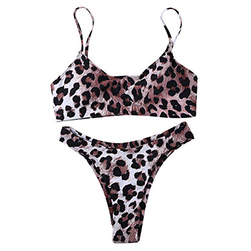 JewelryWe - Conjunto de bikini para mujer con estampado de leopardo, parte de arriba acolchada y con efecto push-up, parte de abajo de cintura alta, tallas S/M/L marrón S (eu36)