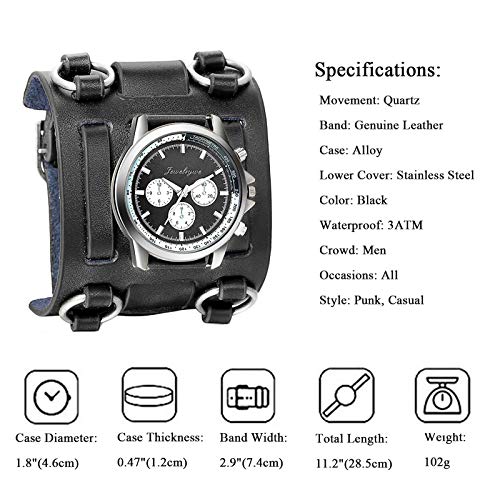 JewelryWe Reloj de Pulsera Grande Negro de Estilo Gótico Punky Hip-Hop para Hombres Chicos, Correa de Cuero Ancha de Moda Retro Punk Rock, Regalos Dia del Padre Originales