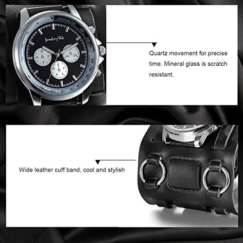 JewelryWe Reloj de Pulsera Grande Negro de Estilo Gótico Punky Hip-Hop para Hombres Chicos, Correa de Cuero Ancha de Moda Retro Punk Rock, Regalos Dia del Padre Originales