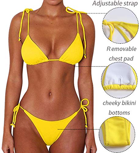 JFAN Bikini de Lazo Acanalado para Mujer Traje de Baño Brasileño con Parte Inferior Descarada