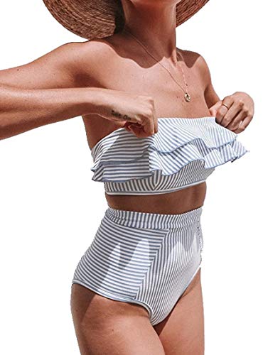 JFAN Conjunto de Dos Piezas de Traje de Baño A Rayas de Cintura Alta Volantes para Mujer Traje de Baño Cintura Alta sin Tirantes de Corte Alto