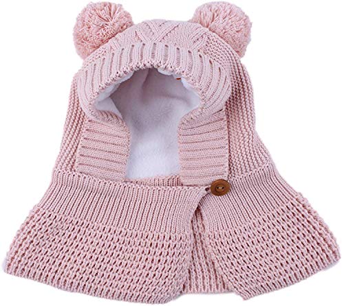 JFAN Gorro de Bebé Niña Invierno Sombrero con Double Cable pompón Bufanda con botón Caliente de Bebé Oso Lindo Niño Orejera Beanie Tejido Gorro de Punto Caliente Capucha Bufanda Caps Sombrero