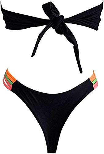 JFAN Mujer Conjunto de Bikini Dividido Colorido Rayas Sin Tirantes Cosido Sujetador Acolchado Sin Respaldo Push-up Bikinis Bottoms Ropa de Playa Traje de Baño