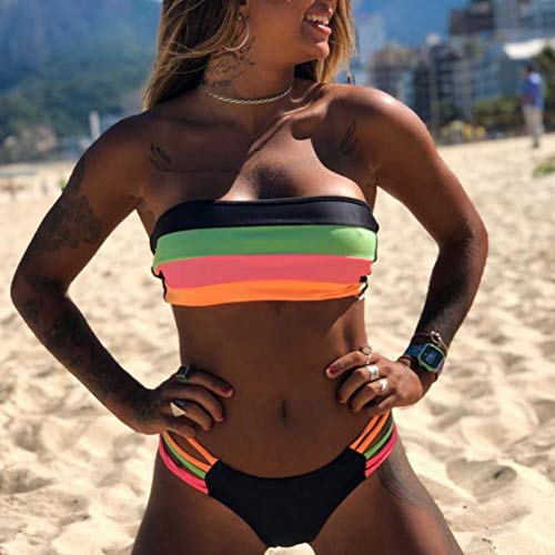 JFAN Mujer Conjunto de Bikini Dividido Colorido Rayas Sin Tirantes Cosido Sujetador Acolchado Sin Respaldo Push-up Bikinis Bottoms Ropa de Playa Traje de Baño