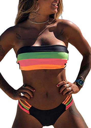 JFAN Mujer Conjunto de Bikini Dividido Colorido Rayas Sin Tirantes Cosido Sujetador Acolchado Sin Respaldo Push-up Bikinis Bottoms Ropa de Playa Traje de Baño