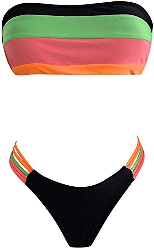 JFAN Mujer Conjunto de Bikini Dividido Colorido Rayas Sin Tirantes Cosido Sujetador Acolchado Sin Respaldo Push-up Bikinis Bottoms Ropa de Playa Traje de Baño