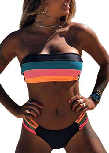 JFAN Mujer Conjunto de Bikini Dividido Colorido Rayas Sin Tirantes Cosido Sujetador Acolchado Sin Respaldo Push-up Bikinis Bottoms Ropa de Playa Traje de Baño