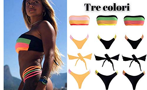 JFAN Mujer Conjunto de Bikini Dividido Colorido Rayas Sin Tirantes Cosido Sujetador Acolchado Sin Respaldo Push-up Bikinis Bottoms Ropa de Playa Traje de Baño