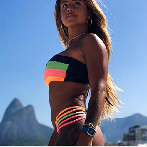 JFAN Mujer Conjunto de Bikini Dividido Colorido Rayas Sin Tirantes Cosido Sujetador Acolchado Sin Respaldo Push-up Bikinis Bottoms Ropa de Playa Traje de Baño