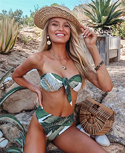 JFAN Mujer Playa Traje de Baño Nudo Delantero de Cintura Alta con Estampado Floral Correas Trenzadas Conjunto de Bikini