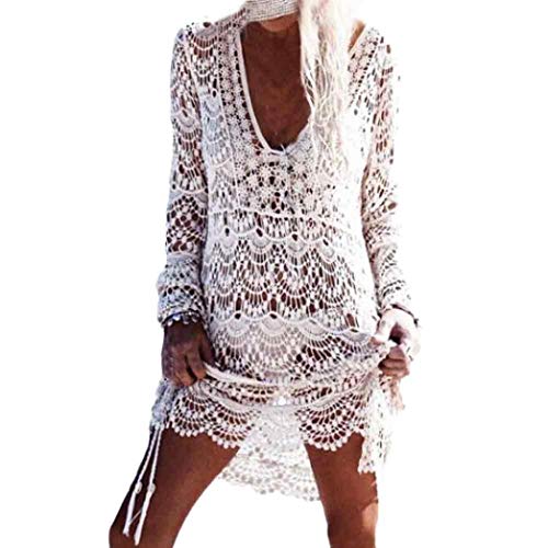 JFAN Mujeres Encaje Ganchillo Hueco Bikini Cover Sexy Kaftan Túnica Playa Traje de baño Mujeres V Cuello Bikini Cover Up