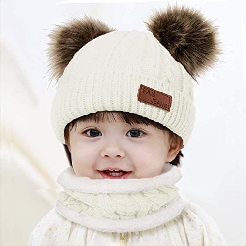 JFAN Sombrero de Invierno Bufanda para Niños Gorro de Punto para Bebés y Niños Pequeños Gorro de Invierno con Color Puro Sombrero de Doble Pompón para Niñas y Niños