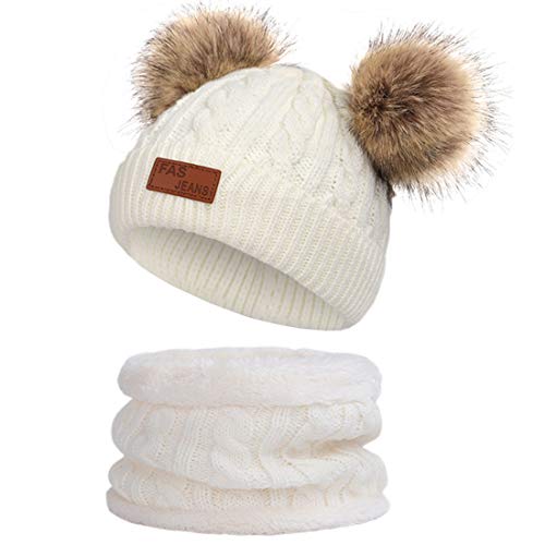 JFAN Sombrero de Invierno Bufanda para Niños Gorro de Punto para Bebés y Niños Pequeños Gorro de Invierno con Color Puro Sombrero de Doble Pompón para Niñas y Niños