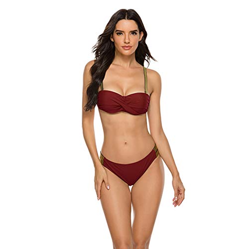 JFAN Traje de Baño de Mujer Cinturón Dorado Acolchado Bra Tops de Bikini Conjunto de Bikini de Color Liso Push Up Swimwear Dos Piezas Trajes de Baño Divididos