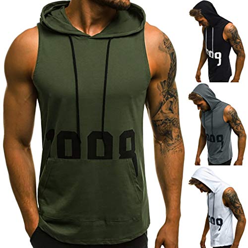JiaMeng Camisetas Elástica de Fitness sin Mangas Tank Top Gym para Hombre Fitness Muscle Estampado sin Mangas con Capucha Culturismo Bolsillos de Secado Ajustado
