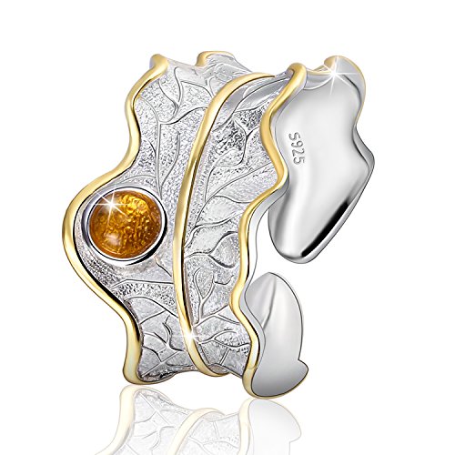 JIANGYUYAN  Regalo para Navidad S925 Anillos de Plata esterlina Anillo de Hoja Ajustable Natural Hecho a Mano único Regalo de joyería de Moda para Mujeres y niñas(Yellow)