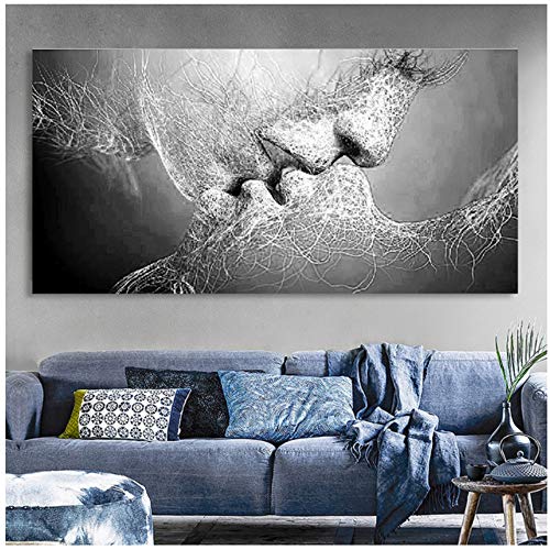 Jin Yi Global Cuadro en Lienzo Impresión Abstracta Blanco y Negro Beso de Amor Póster Imágenes Inicio Dormitorio Sala de Estar Decoración de Arte de Pared 70x140cm (27.6"x55.1) Sin Marco