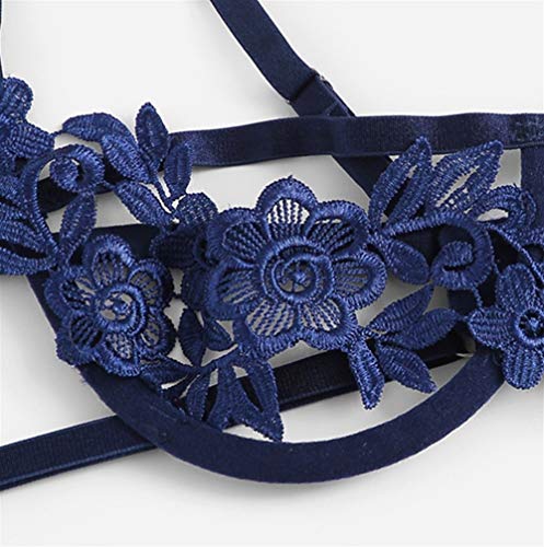 Jinqiuyuan Las Mujeres Azul Arnés Apliques Aros Sexy Íntimos Negro Correas V-Secuencia de la Ropa Interior Femenina Transparente Bra Set (Color : Blue, Cup Size : S)