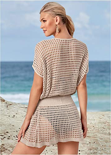 Jinsha Vestido de Playa - Mujer Pareos y Camisola de Playa Sexy Hueco Traje de Baño Punto Bikini Cover up (Oversize-Beige)