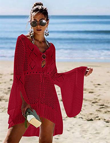 Jinsha Vestido de Playa - Mujer Pareos y Camisola de Playa Sexy Hueco Traje de Baño Punto Bikini Cover up (Red)